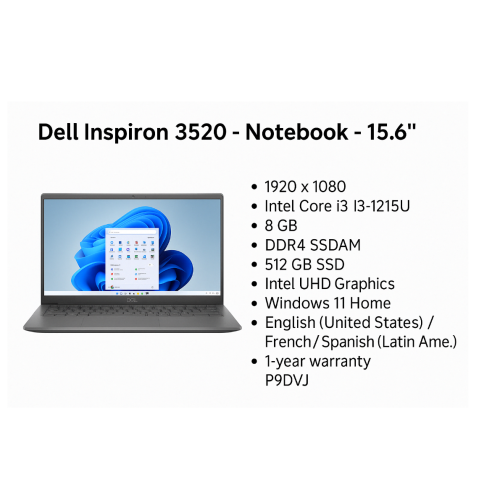 Dell Inspiron 3520 | Intel Core i3-1215U | 8GB DDR4 | 512GB SSD | 15.6” FHD | Windows 11 Home | Gris